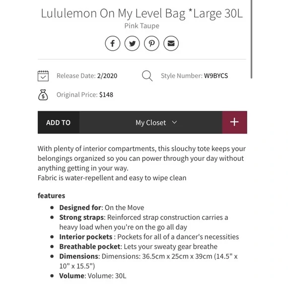 Lululemon on my level travel gym bag pink - Picture 4 of 14
